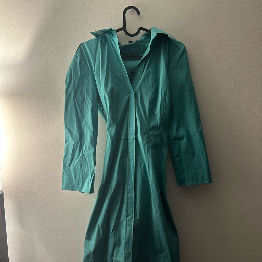 Hugo Boss Teal Long Sleeve Notched Collar Midi Dress With Belt Buckle